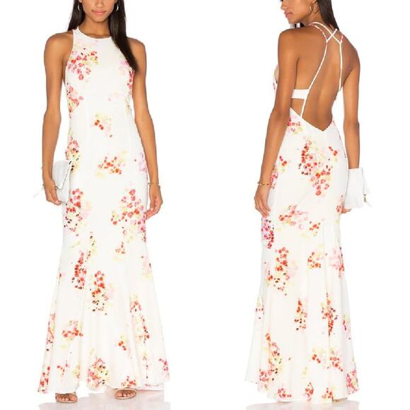 JARLO Revolve Ismay Maxi Dress Ivory Pink Floral Print Open Back Mermaid NEW - Picture 1 of 10